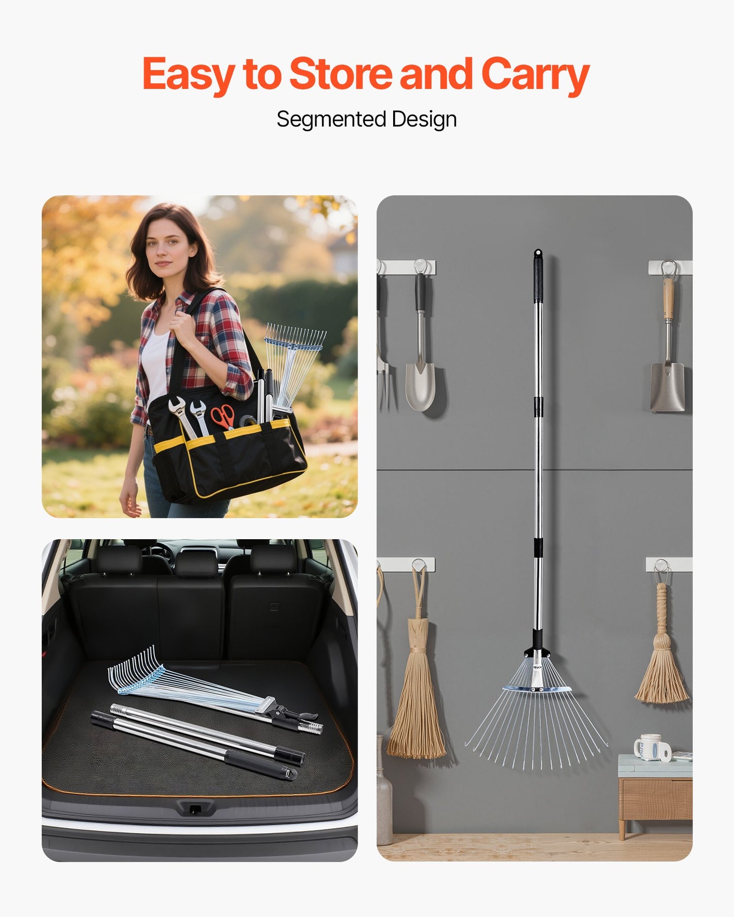 Leaf Rake, 18 Metal Tines, Adjustable Garden Rake for Lawns with 19.5-43.5 cm Wide Head & 82-141 cm Long Handle, Heavy Duty Stainless Steel Small Leaves Tool for Gardening Camping Yard Grass