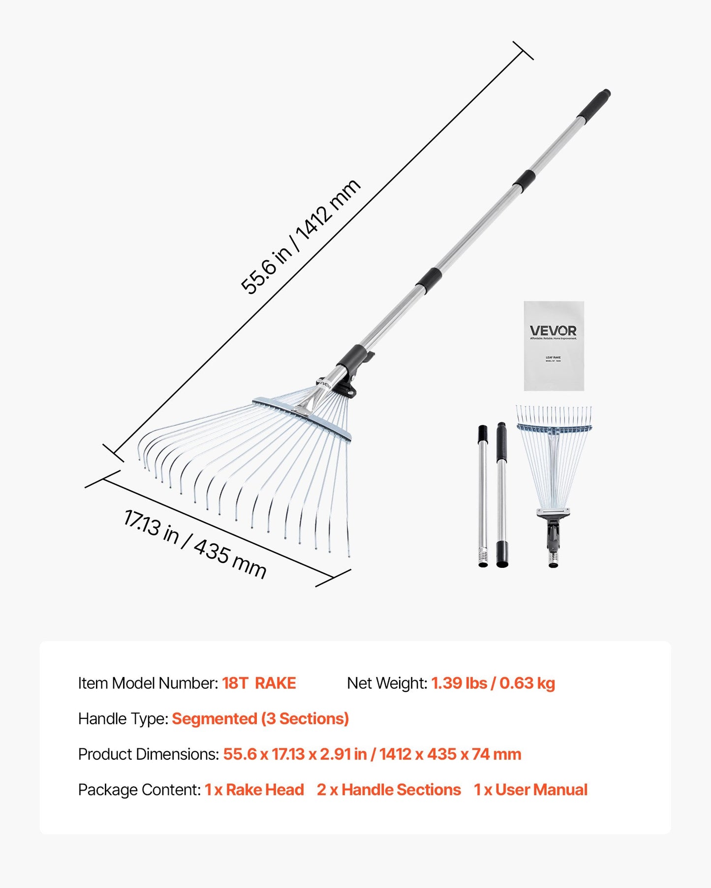 Leaf Rake, 18 Metal Tines, Adjustable Garden Rake for Lawns with 19.5-43.5 cm Wide Head & 82-141 cm Long Handle, Heavy Duty Stainless Steel Small Leaves Tool for Gardening Camping Yard Grass