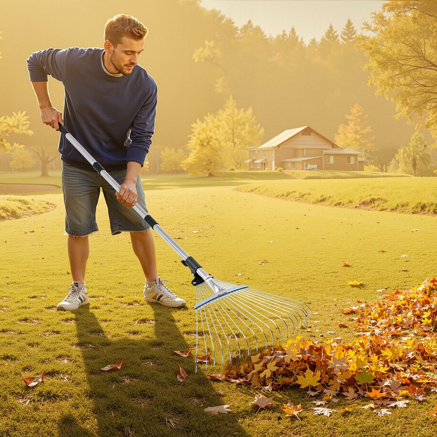 Leaf Rake, 18 Metal Tines, Adjustable Garden Rake for Lawns with 19.5-43.5 cm Wide Head & 82-141 cm Long Handle, Heavy Duty Stainless Steel Small Leaves Tool for Gardening Camping Yard Grass