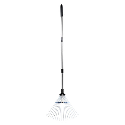 Leaf Rake, 18 Metal Tines, Adjustable Garden Rake for Lawns with 19.5-43.5 cm Wide Head & 82-141 cm Long Handle, Heavy Duty Stainless Steel Small Leaves Tool for Gardening Camping Yard Grass