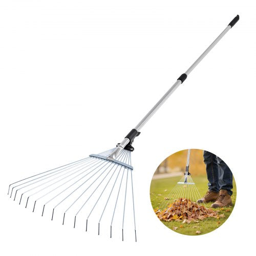 Leaf Rake, 15 Metal Tines, Adjustable Garden Rake for Lawns with 19-57 cm Wide Head and 81.3-160 cm Long Handle, Heavy Duty Stainless Steel Small Leaves Tool for Gardening Camping Yard Grass