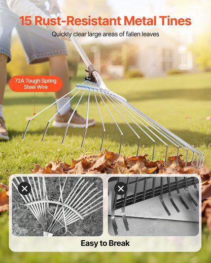 Leaf Rake, 15 Metal Tines, Adjustable Garden Rake for Lawns with 19-57 cm Wide Head and 81.3-160 cm Long Handle, Heavy Duty Stainless Steel Small Leaves Tool for Gardening Camping Yard Grass
