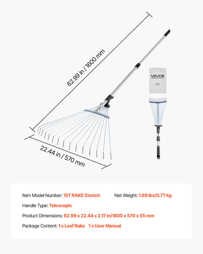 Leaf Rake, 15 Metal Tines, Adjustable Garden Rake for Lawns with 19-57 cm Wide Head and 81.3-160 cm Long Handle, Heavy Duty Stainless Steel Small Leaves Tool for Gardening Camping Yard Grass