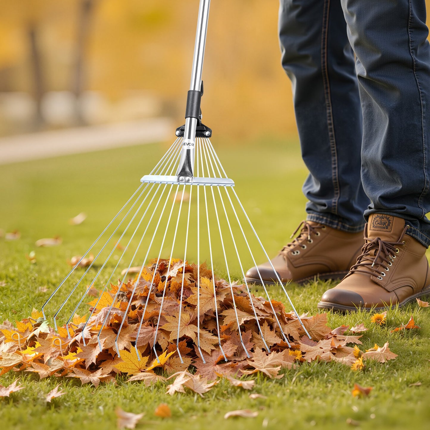 Leaf Rake, 15 Metal Tines, Adjustable Garden Rake for Lawns with 19-57 cm Wide Head and 81.3-160 cm Long Handle, Heavy Duty Stainless Steel Small Leaves Tool for Gardening Camping Yard Grass