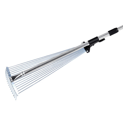 Leaf Rake, 15 Metal Tines, Adjustable Garden Rake for Lawns with 19-57 cm Wide Head and 81.3-160 cm Long Handle, Heavy Duty Stainless Steel Small Leaves Tool for Gardening Camping Yard Grass