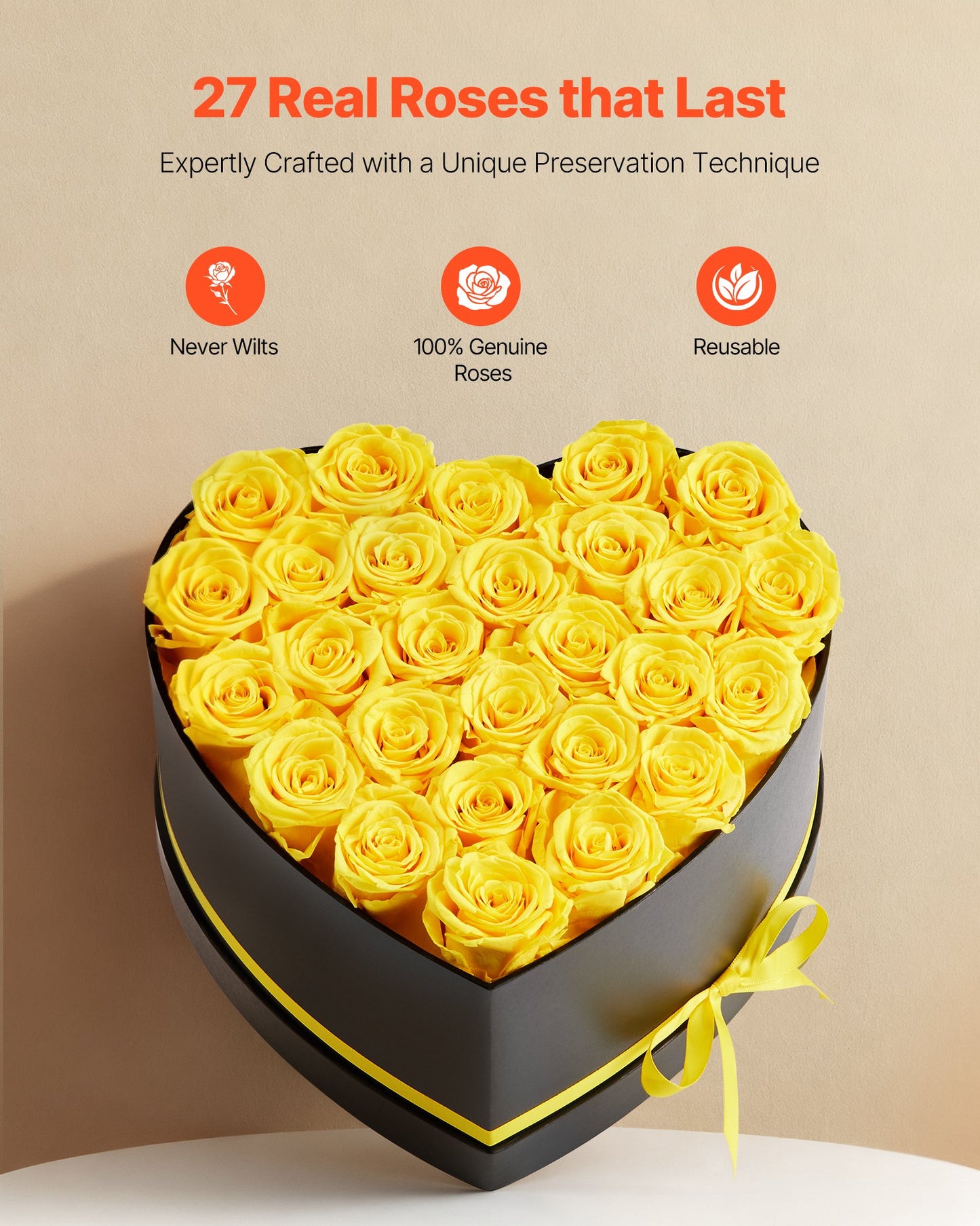 Forever Flowers, 27 Preserved Roses in a Heart Shape Box, Eternal Flowers Immortal Bouquet Birthday Present for Women Her Wife Mothers, Anniversary, Valentine's Day,Christmas, Yellow