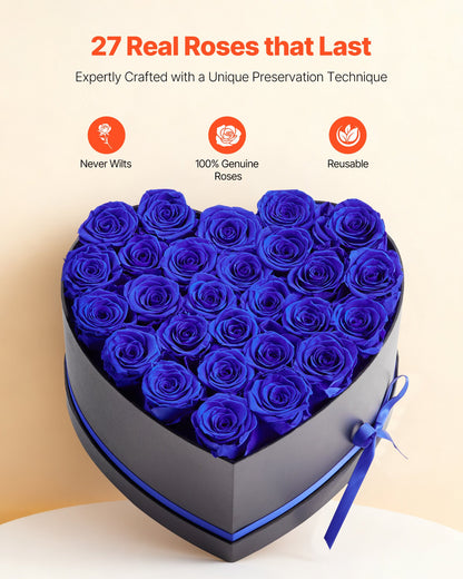 Forever Flowers, 27 Preserved Roses in a Heart Shape Box, Eternal Flowers Immortal Bouquet Birthday Present for Women Her Wife Mothers, Anniversary, Valentine's Day,Christmas, Royal Blue