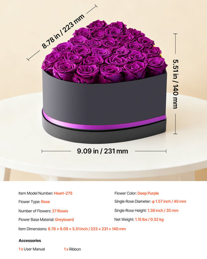 Forever Flowers, 27 Preserved Roses in Heart Shape Box, Eternal Flowers Immortal Bouquet Birthday Present for Women Her Wife Mothers, Anniversary, Valentine's Day,Christmas, Purple