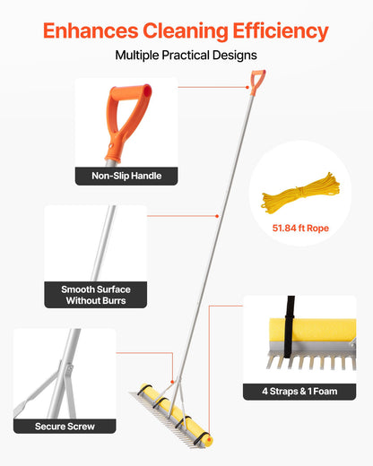 Gartenrechen, 914 mm breiter Kopf, 2590 mm Stiel, großer, robuster Laubrechen aus Aluminium, Asphaltplanierer zum Auflockern von Erde, für Garten, Hof, Teich, Kies und Strand, Rasenpflege, 15,8 m Seil