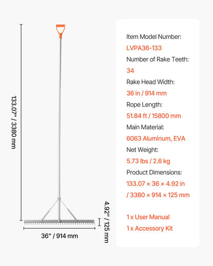 Landschaftsrechen, 914 mm breiter Kopf, 3380 mm Stiel, großer, robuster Aluminium-Laubrechen, Asphaltplanierer zum Auflockern von Erde, für Garten, Hof, Teich, Kies und Strand, Rasenpflege, 15,8 m Seil