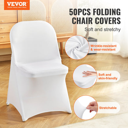 Stretch Spandex Folding Chair Covers, Universal Fitted Chair Cover, Removable Washable Protective Slipcovers, for Wedding, Holiday, Banquet, Party, Celebration, Dining (50PCS White)