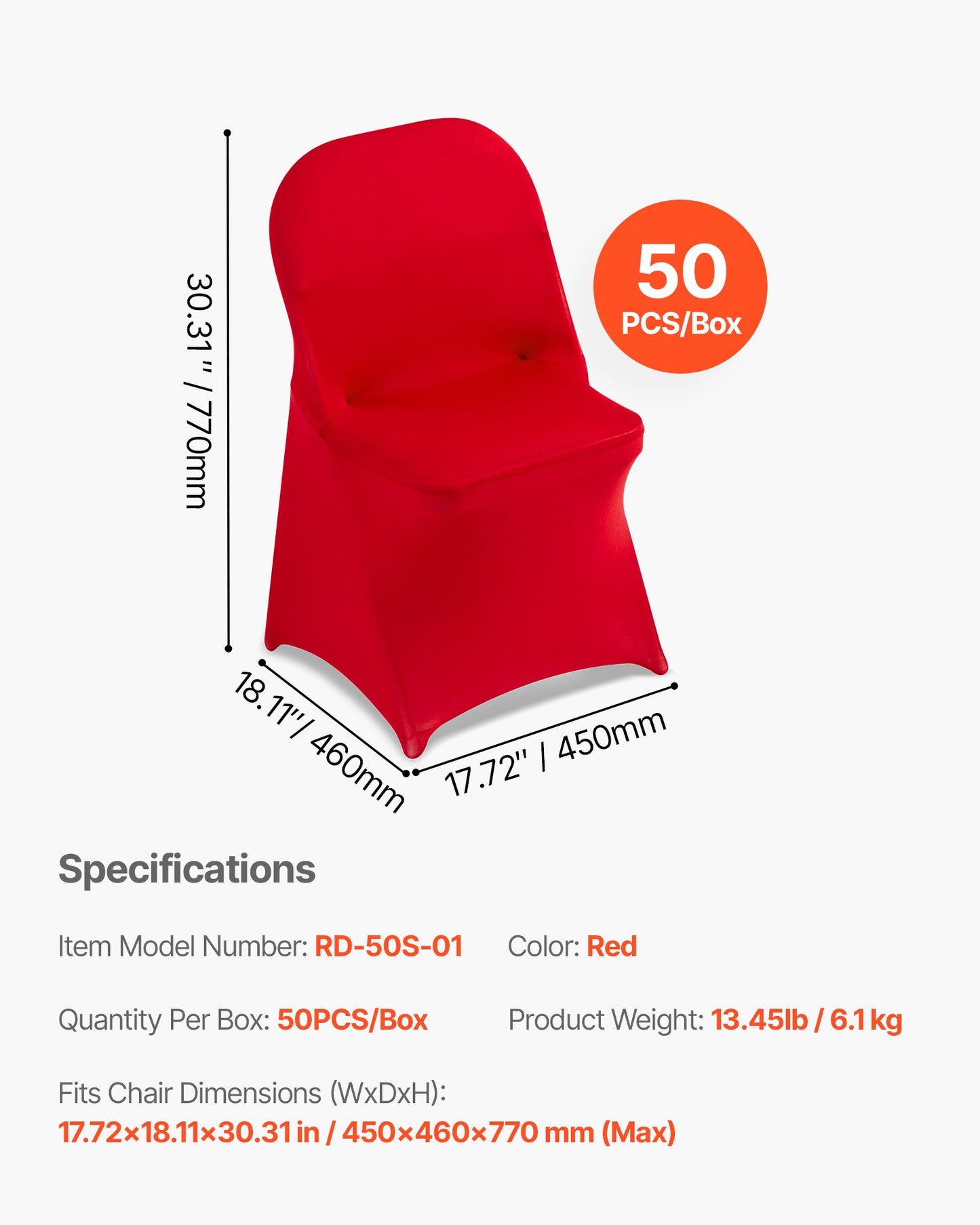50 rote Stuhlhussen, Polyester-Spandex-Mischgewebe, dehnbare Überzüge für Hochzeitsfeiern, Bankette und andere fest installierte Stühle, passend für Stühle mit Maßen bis zu 45 x 46 x 77 cm (17,72 x 18,11 x 30,31 Zoll).