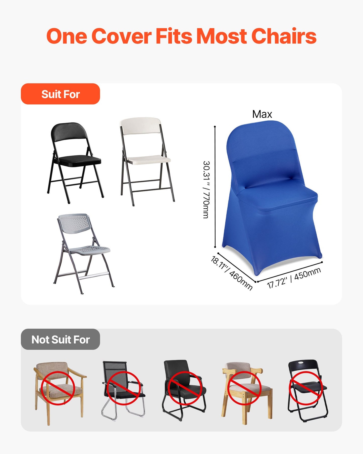 50 blaue Stuhlhussen aus Polyester-Spandex-Gemisch, dehnbare Überzüge für Hochzeitsfeiern, Bankette und andere fest installierte Stühle, passend für Stühle mit Maßen bis zu 45 x 46 x 77 cm (17,72 x 18,11 x 30,31 Zoll).