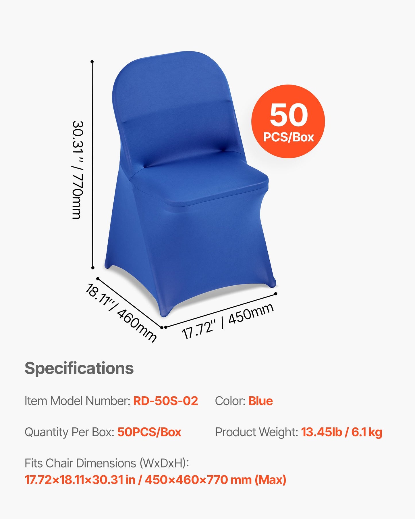 50 blaue Stuhlhussen aus Polyester-Spandex-Gemisch, dehnbare Überzüge für Hochzeitsfeiern, Bankette und andere fest installierte Stühle, passend für Stühle mit Maßen bis zu 45 x 46 x 77 cm (17,72 x 18,11 x 30,31 Zoll).