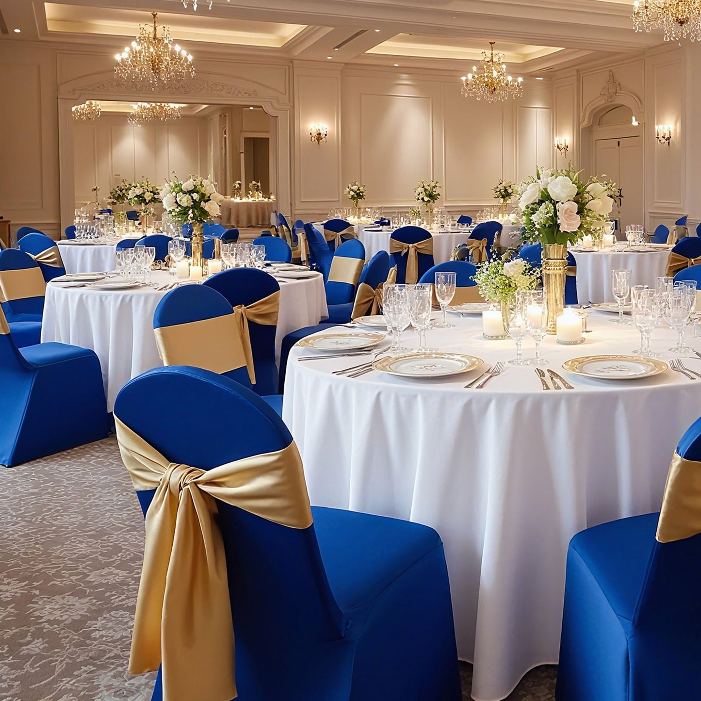 50 blaue Stuhlhussen aus Polyester-Spandex-Gemisch, dehnbare Überzüge für Hochzeitsfeiern, Bankette und andere fest installierte Stühle, passend für Stühle mit Maßen bis zu 45 x 46 x 77 cm (17,72 x 18,11 x 30,31 Zoll).