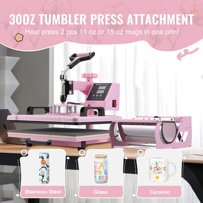 Heat Press Machine 30.5x38.1 cm 5 in 1 with 850.5 g Tumbler Press T-Shirts Pink