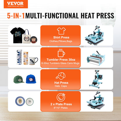 Heat Press Machine, 12 x 15 inch, 5 in 1 Heat Transfer Machine with 30 oz Tumbler Press, 360° Swing Away T-Shirt Pressing, Digital Precise Control, for T-Shirts/Mugs/Hats/Plates, Green
