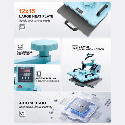 Heat Press Machine, 12 x 15 inch, 5 in 1 Heat Transfer Machine with 30 oz Tumbler Press, 360° Swing Away T-Shirt Pressing, Digital Precise Control, for T-Shirts/Mugs/Hats/Plates, Green