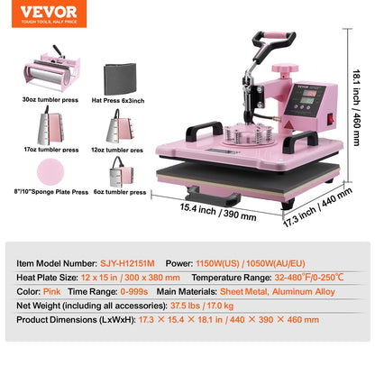 Heat Press Machine 30.5x38.1 cm 8 in 1 with 850.5 g Tumbler Press T-Shirts Pink