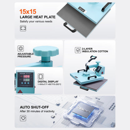 Heat Press Machine, 15 x 15 inch, 5 in 1 Heat Transfer Machine with 30 oz Tumbler Press, 360° Swing Away T-Shirt Pressing, Digital Precise Control, for T-Shirts/Mugs/Hats/Plates, Green