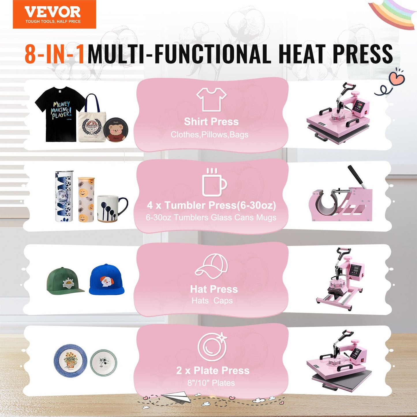 Heat Press Machine 38x38 cm 5 in 1 with 850.5 g Tumbler Press T-Shirts Pink