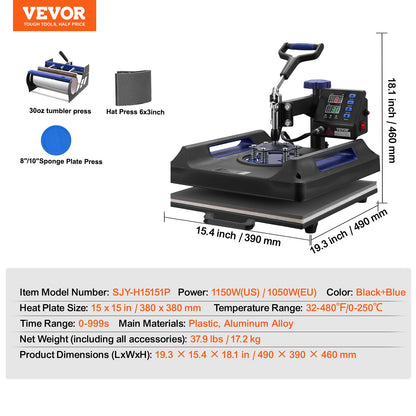 5 in 1 Heat Press Machine 38x38 in 850.5 g Tumbler Press T-Shirts Black+Blue
