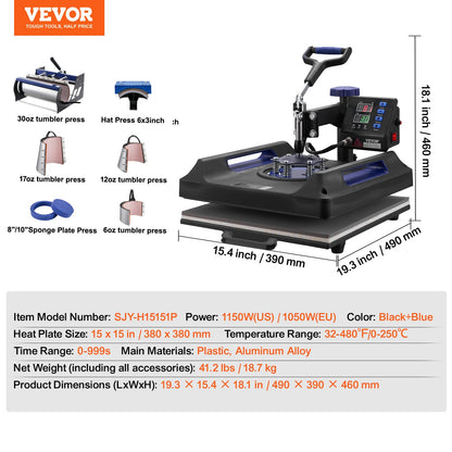 8 in 1 Heat Press Machine 38x38 cm 850.5 g Tumbler Press T-Shirts Black+Blue