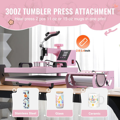 Heat Press Machine 38x38 cm 8 in 1 with 850.5 g Tumbler Press T-Shirts Pink