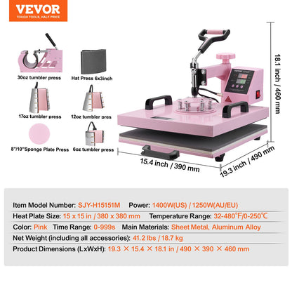 Heat Press Machine 38x38 cm 8 in 1 with 850.5 g Tumbler Press T-Shirts Pink