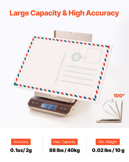 Digitale Versandwaage, 2 g Genauigkeit, 40 kg Tragkraft, mit Halte-/Tara-/Abschaltautomatik, Klapphalterung und einfacher Kalibrierung, geeignet für Zuhause und Büro, Batterie im Lieferumfang enthalten