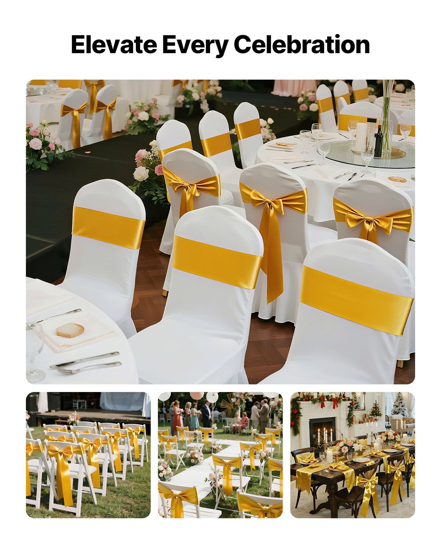 Satin Chair Sashes Bows, 100PCS Chair Ribbon Ties Back Sash, 7 x 108 inch, Gold Wedding Reception Decoration, for Wedding Ceremony Baby Shower Party Events Banquet Chair Cover Decoration