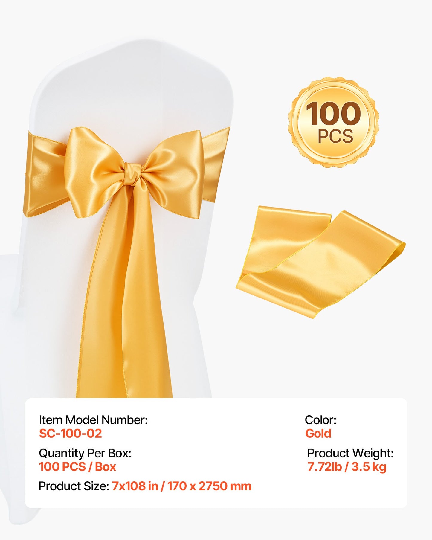 Satin Chair Sashes Bows, 100PCS Chair Ribbon Ties Back Sash, 7 x 108 inch, Gold Wedding Reception Decoration, for Wedding Ceremony Baby Shower Party Events Banquet Chair Cover Decoration