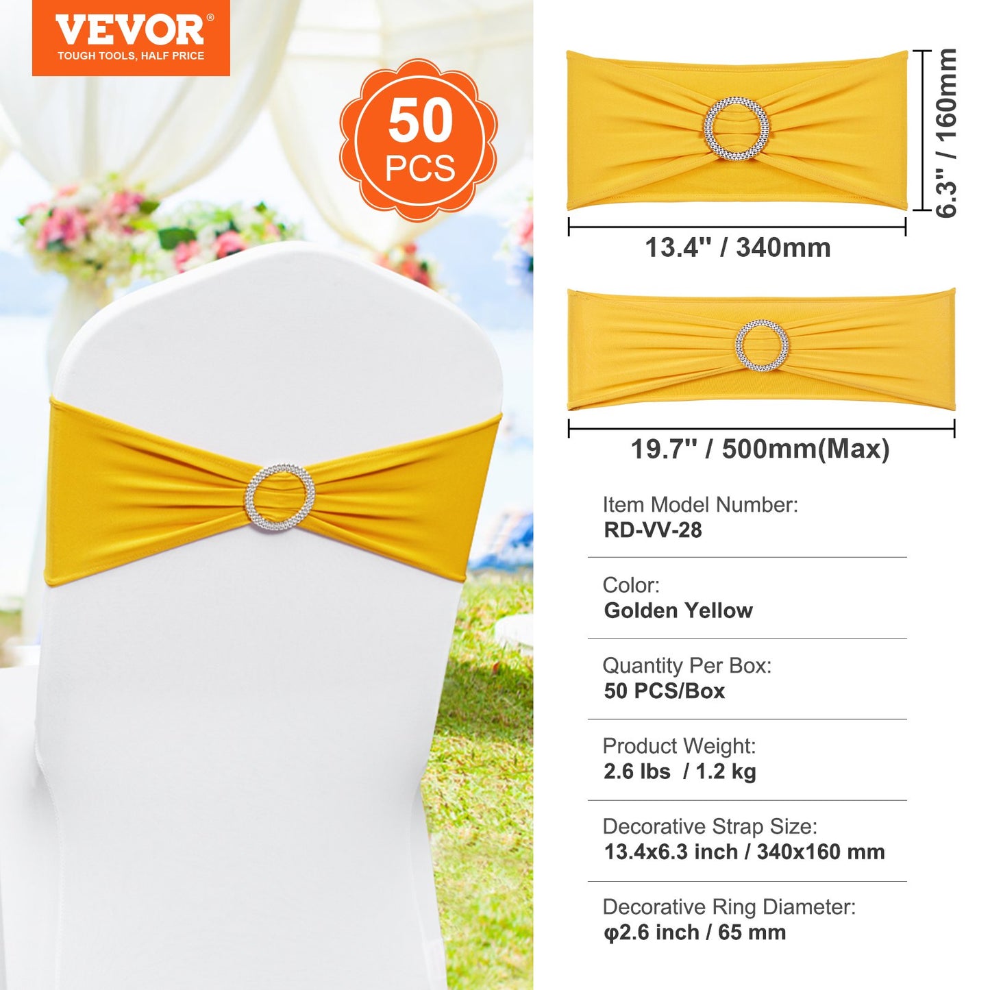 Stretch Spandex Chair Sashes, Chair Slipcover and Stretch Chair Sash with Round Buckle, Elastic Chair Bands, Fitting Wedding, Holiday, Banquet, Party Chair Decoration (50 PCS Golden Yellow)