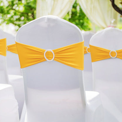 Stretch Spandex Chair Sashes, Chair Slipcover and Stretch Chair Sash with Round Buckle, Elastic Chair Bands, Fitting Wedding, Holiday, Banquet, Party Chair Decoration (50 PCS Golden Yellow)