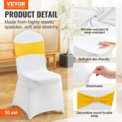 Stretch Spandex Folding Chair Covers, Universal Fitted Chair Cover with Chair Sashes, Removable Washable Protective Slipcovers, for Wedding, Holiday, Banquet, Party, Dining (30 Set Gold & White)