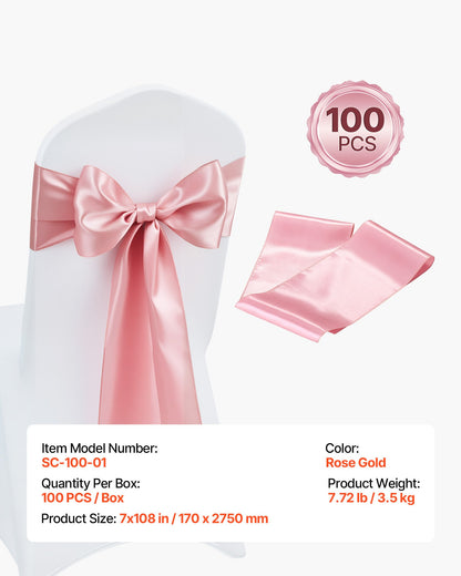 Satin Chair Sashes Bows, 100PCS Chair Ribbon Ties Back Sash, 7 x 108 inch, Rose Gold Wedding Reception Decoration, for Wedding Ceremony Baby Shower Party Events Banquet Chair Cover Decoration