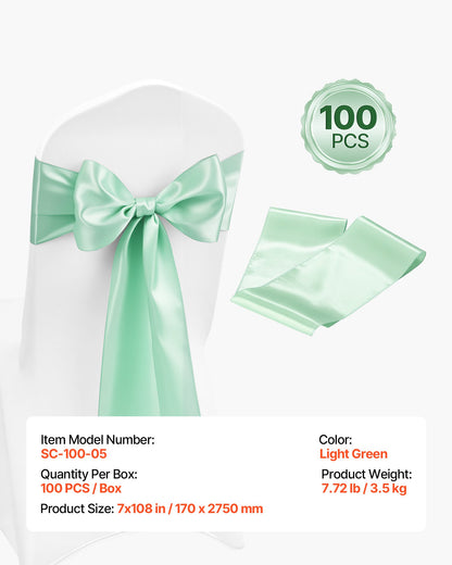 Satin-Stuhlschleifen, 100 Stück, 7 x 108 Zoll, hellgrün, für Hochzeitsfeiern, Babypartys, Bankette und andere festliche Anlässe.