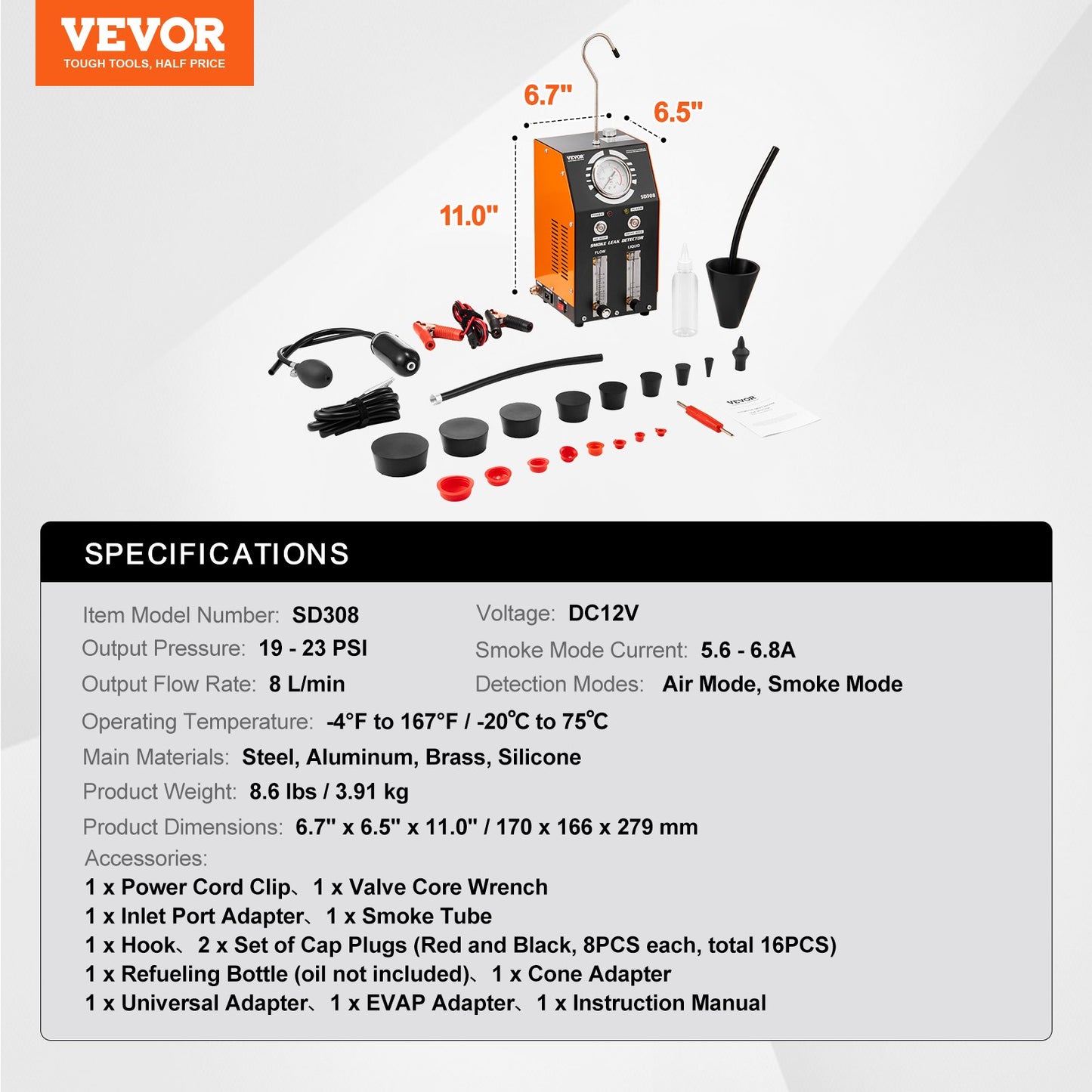 Automotive Smoke Machine Leak Detector, EVAP Smoke Machine Leak Tester with Built-in Air Pump, Pressure Gauge, Oil Level & Flow Meter, 2-Mode Vacuum Diagnostic Detector for EVAP Fuel Pipe System