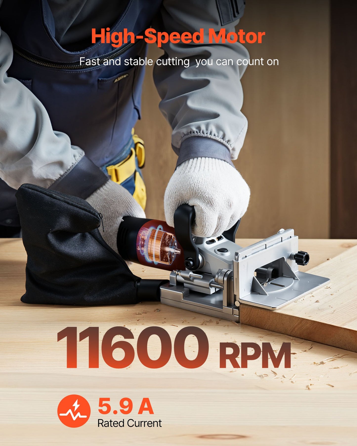 Biscuit Plate Joiner, 5.9A, Plate Joiner Tool Kit with 11,600 RPM 760W Motor, 45-Degree Locating Notch, Carbide Tipped Blade, Wood Biscuits, Dust Bag, Adjustable Angle & Depth, for Woodworking