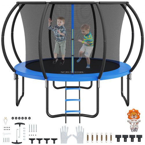 10FT Trampoline, 330 lbs Trampoline with Enclosure Net, Ladder, and Curved Pole, Heavy Duty Trampoline with Jumping Mat and Spring Cover Padding, Outdoor Recreational Trampolines for Kids Adults