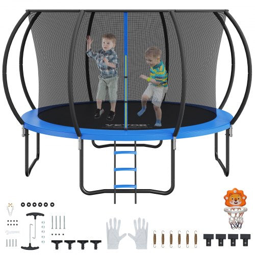 12-Fuß-Trampolin, 400-Pfund-Trampolin mit Sicherheitsnetz, Leiter und gebogener Stange, robustes Trampolin mit Sprungmatte und Federabdeckung, Outdoor-Freizeittrampoline für Kinder und Erwachsene