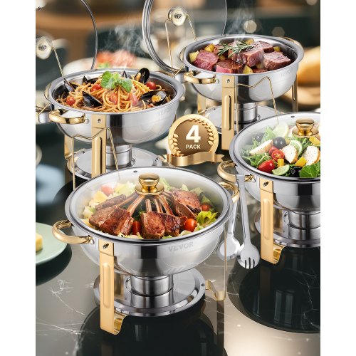 Chafing Dish Buffet Set, 5 Qt 4 Pack, Stainless Steel Chafer with 4 Full Size Pan, Round Catering Warmer Server with Glass Lid Water Pan Folding Stand Fuel Holder, for Wedding Party Banquet, Gold