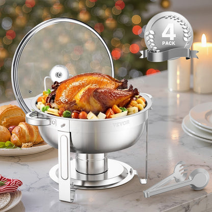Chafing Dish Buffet Set, 5 Qt 4 Pack, Stainless Steel Chafer with 4 Full Size Pan, Round Catering Warmer Server with Glass Lid Water Pan Folding Stand Fuel Holder, for Wedding Party Banquet