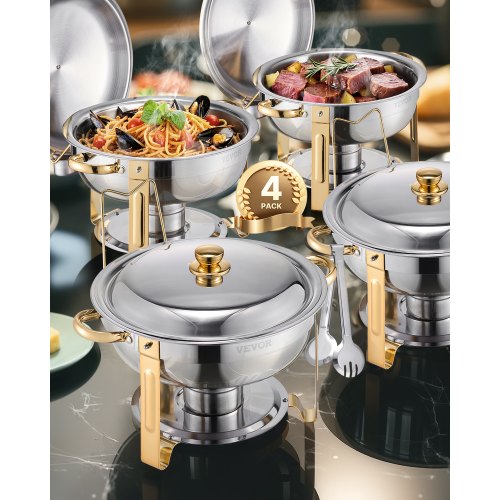 Chafing Dish Buffet Set, 5 Qt 4 Pack, Stainless Steel Chafer with 4 Full Size Pans, Round Catering Warmer Server with Lid Water Pan Folding Stand Clip, for Weddings Parties Banquets, Gold
