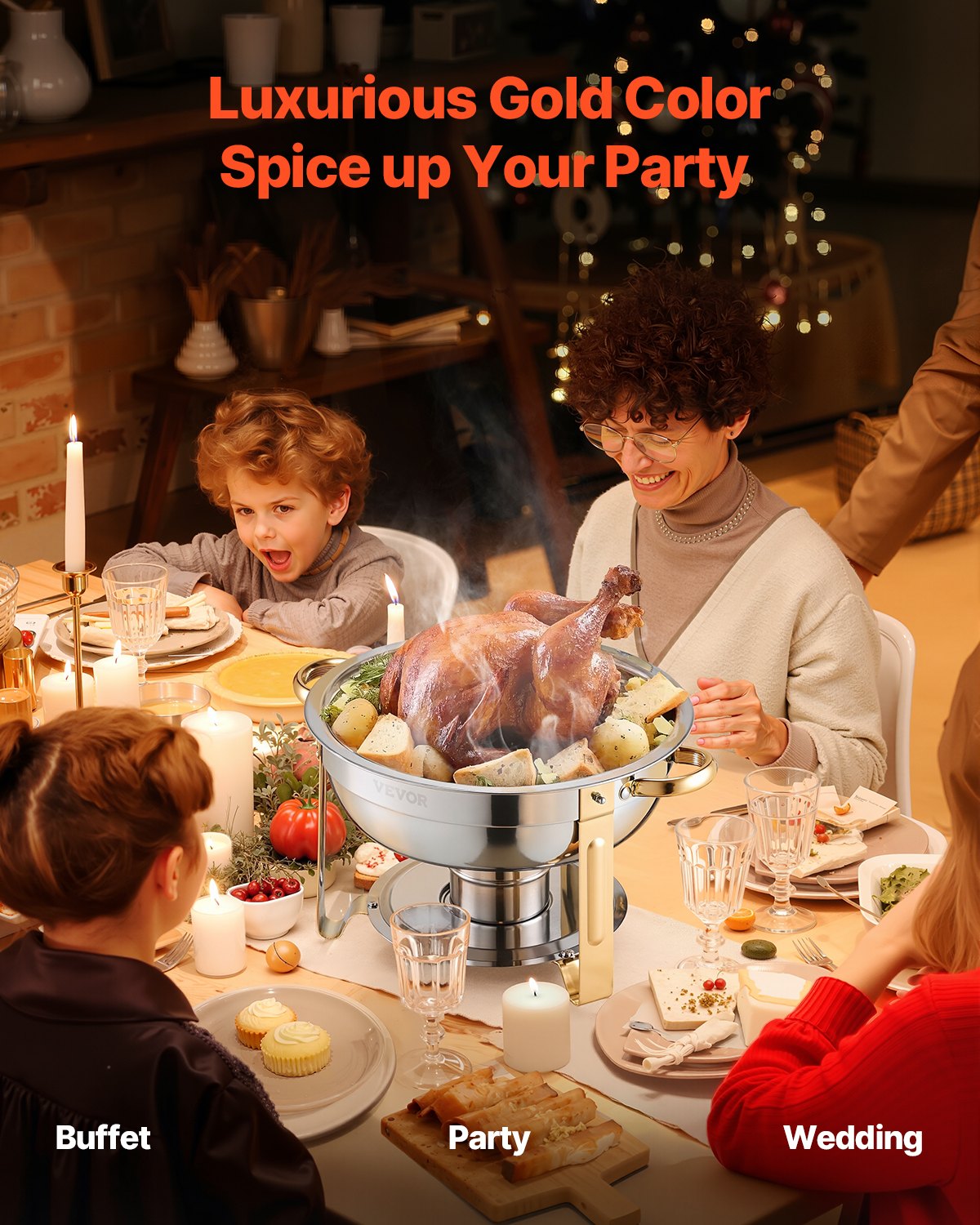 Chafing Dish Buffet Set, 5 Qt 4 Pack, Stainless Steel Chafer with 4 Full Size Pans, Round Catering Warmer Server with Lid Water Pan Folding Stand Clip, for Weddings Parties Banquets, Gold