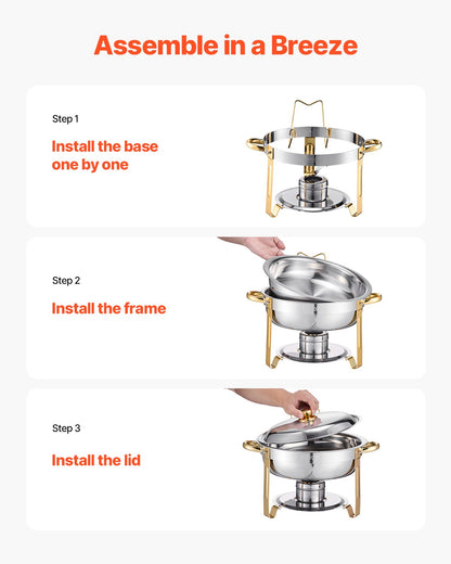 Chafing Dish Buffet Set, 5 Qt 4 Pack, Stainless Steel Chafer with 4 Full Size Pans, Round Catering Warmer Server with Lid Water Pan Folding Stand Clip, for Weddings Parties Banquets, Gold