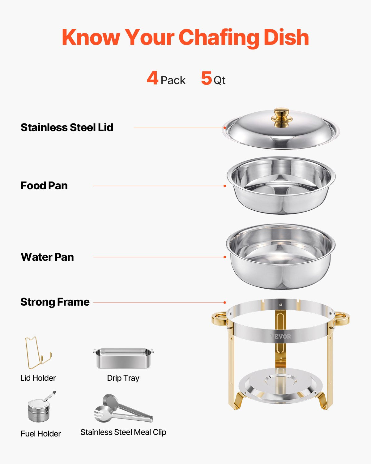 Chafing Dish Buffet Set, 5 Qt 4 Pack, Stainless Steel Chafer with 4 Full Size Pans, Round Catering Warmer Server with Lid Water Pan Folding Stand Clip, for Weddings Parties Banquets, Gold