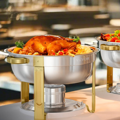 Chafing Dish Buffet Set, 5 Qt 4 Pack, Stainless Steel Chafer with 4 Full Size Pans, Round Catering Warmer Server with Lid Water Pan Folding Stand Clip, for Weddings Parties Banquets, Gold