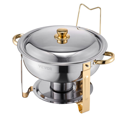 Chafing Dish Buffet Set, 5 Qt 4 Pack, Stainless Steel Chafer with 4 Full Size Pans, Round Catering Warmer Server with Lid Water Pan Folding Stand Clip, for Weddings Parties Banquets, Gold
