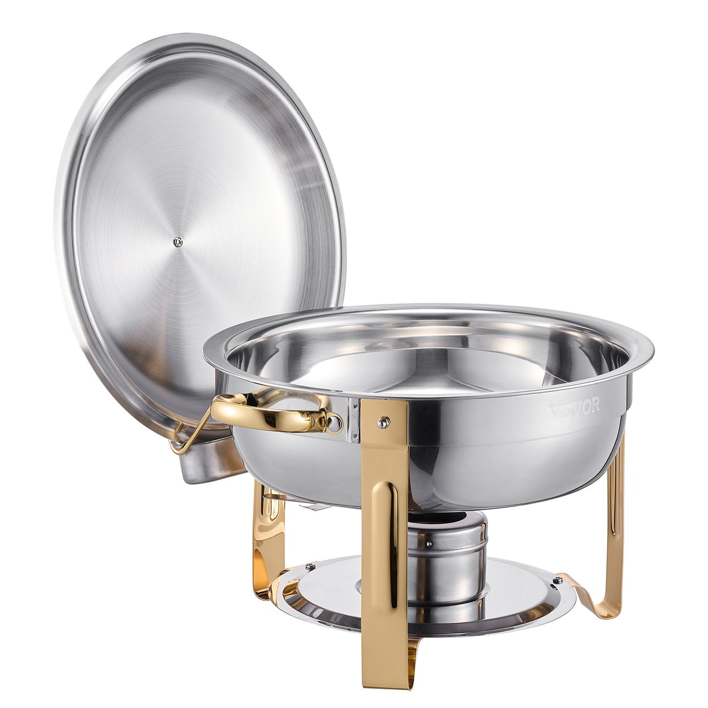 Chafing Dish Buffet Set, 5 Qt 4 Pack, Stainless Steel Chafer with 4 Full Size Pans, Round Catering Warmer Server with Lid Water Pan Folding Stand Clip, for Weddings Parties Banquets, Gold